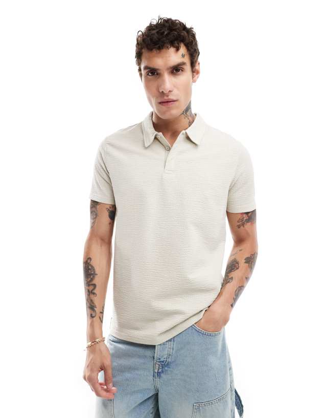 Threadbare - seersucker polo shirt in grey with printed collar