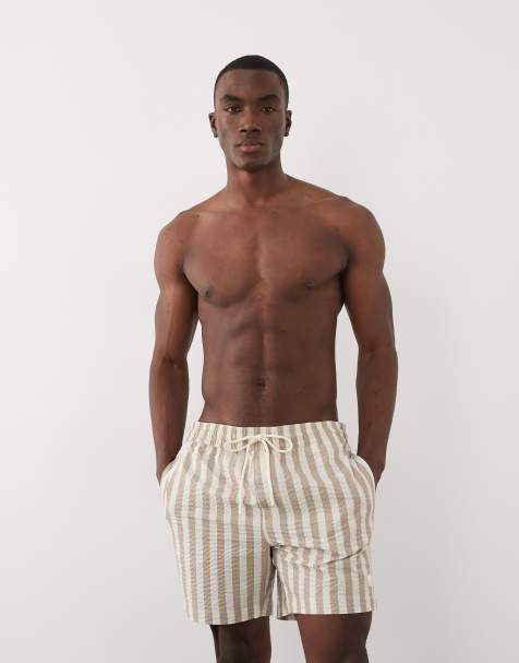 Threadbare seersucker swim shorts in stone and white stripe - view 1