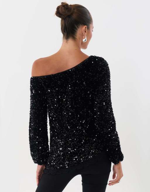 Threadbare Sequin asymmetric top in black, 2 of 5