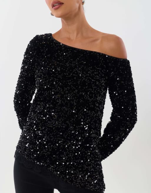 Threadbare Sequin asymmetric top in black, 3 of 5