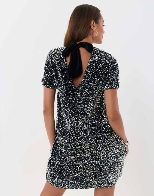 Threadbare Sequin bow tie detail mini dress in charcoal grey, 2 of 5
