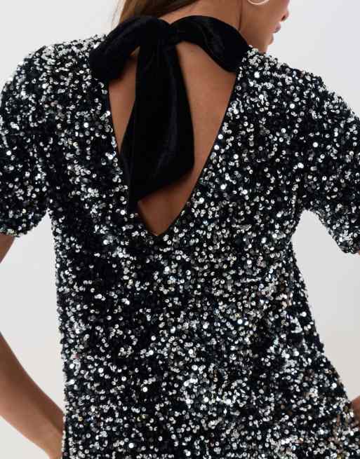 Threadbare Sequin bow tie detail mini dress in charcoal grey, 5 of 5
