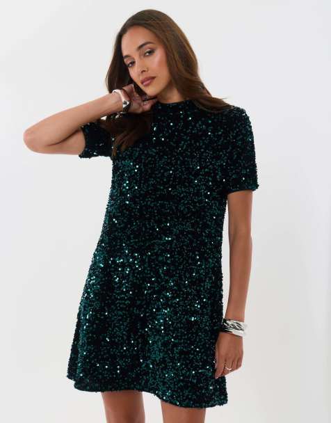 Threadbare Sequin bow tie detail mini dress in teal