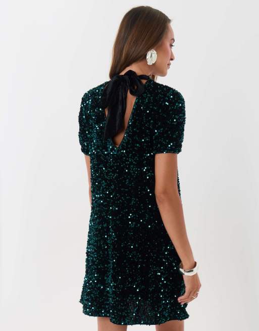 Threadbare Sequin bow tie detail mini dress in teal, 3 of 5
