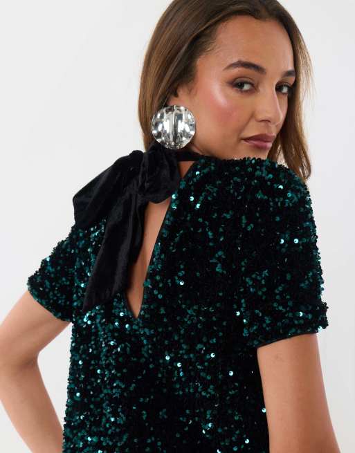 Threadbare Sequin bow tie detail mini dress in teal, 5 of 5