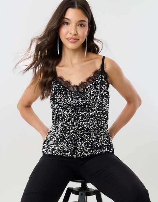 Threadbare Sequin cami with lace trim in charcoal grey, 2 of 5