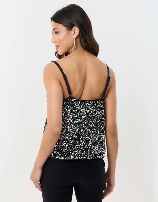 Threadbare Sequin cami with lace trim in charcoal grey, 4 of 5