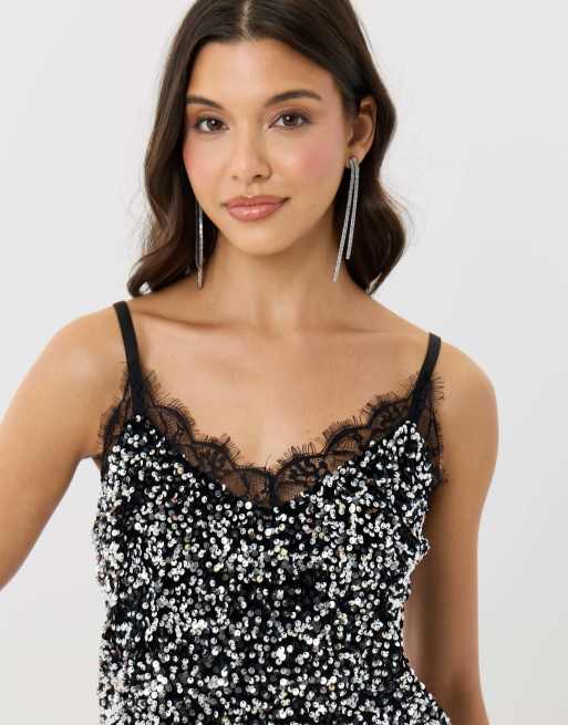 Threadbare Sequin cami with lace trim in charcoal grey, 5 of 5