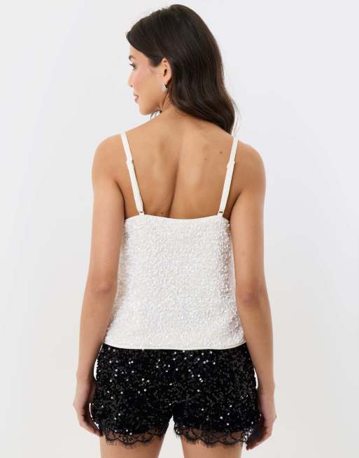 Threadbare Sequin cami with lace trim in white, 2 of 4