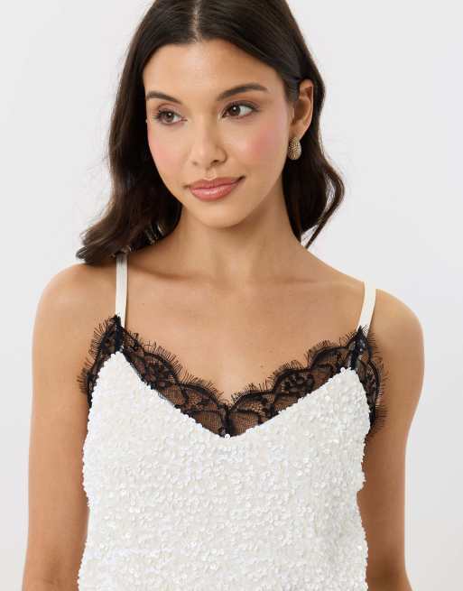 Threadbare Sequin cami with lace trim in white, 3 of 4