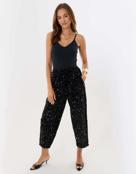 Threadbare Sequin high waisted trousers in black - view 1