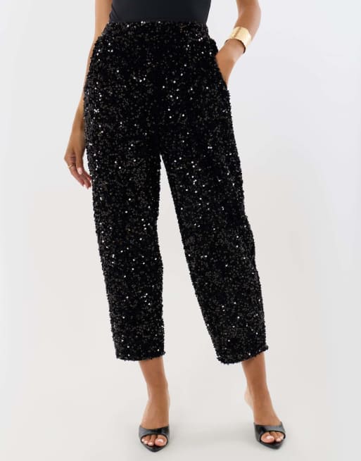 Threadbare Sequin high waisted trousers in black, 2 of 4