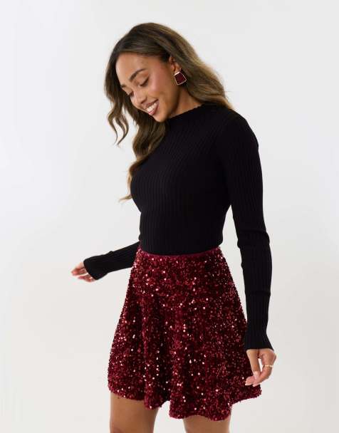 Threadbare Sequin mini swing skirt in burgundy