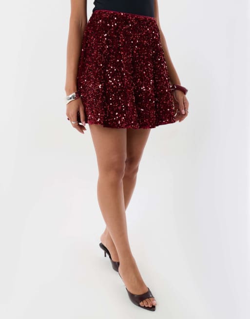 Threadbare Sequin mini swing skirt in burgundy, 2 of 5