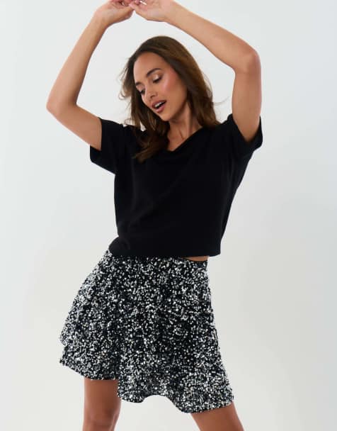 Threadbare Sequin mini swing skirt in charcoal grey - view 1