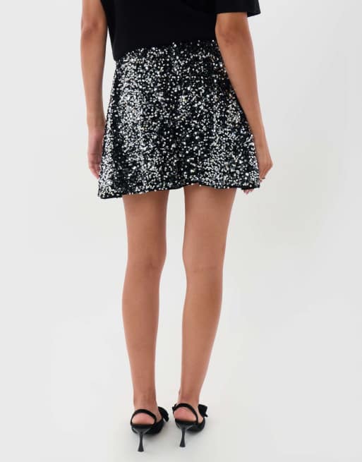 Threadbare Sequin mini swing skirt in charcoal grey, 4 of 5