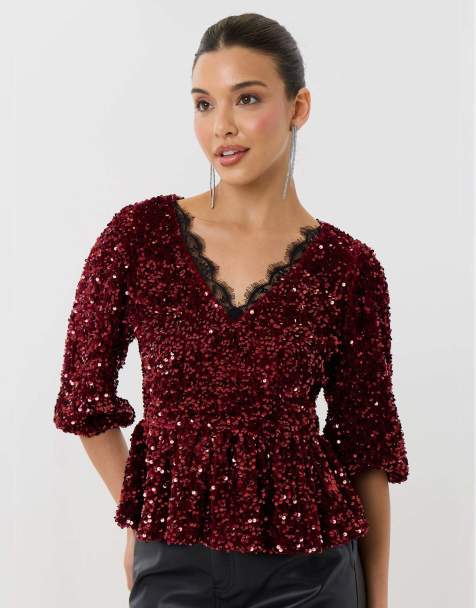 Threadbare Sequin puff sleeve top with lace trim in burgundy