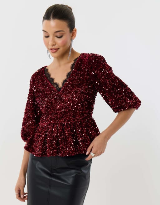 Threadbare Sequin puff sleeve top with lace trim in burgundy, 2 of 4