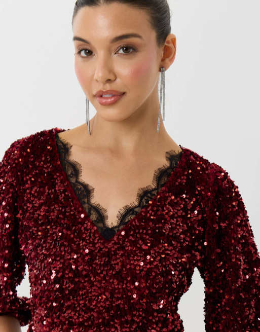 Threadbare Sequin puff sleeve top with lace trim in burgundy, 3 of 4