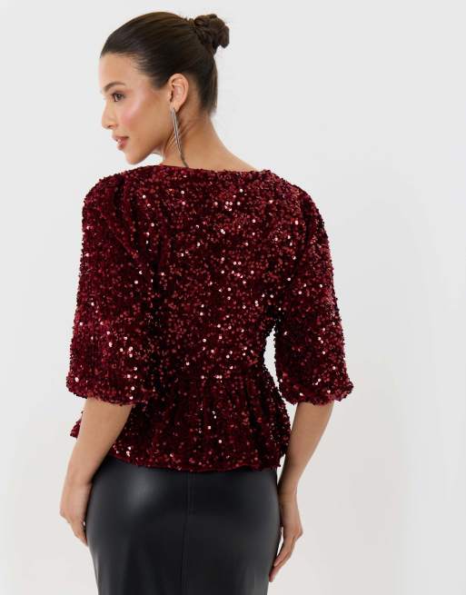 Threadbare Sequin puff sleeve top with lace trim in burgundy, 4 of 4