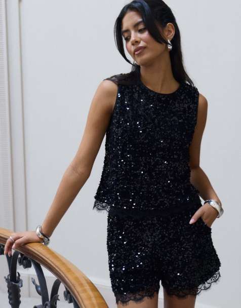 Threadbare Sequin shell top with lace trim in black - view 1