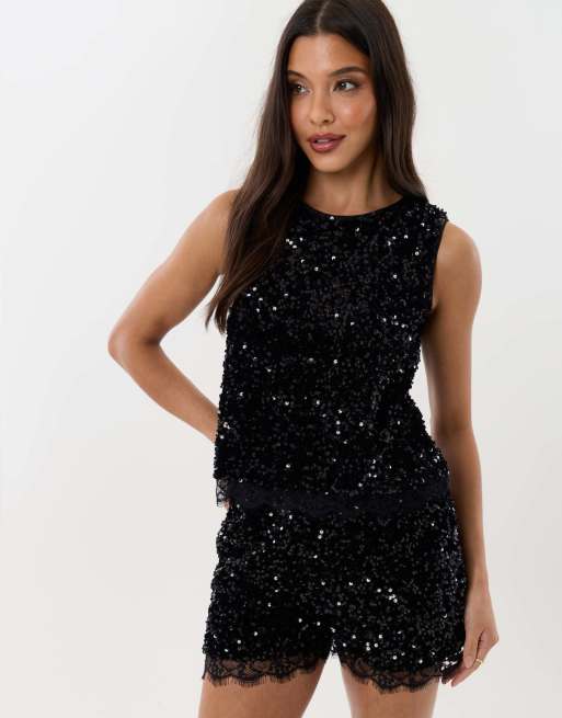 Threadbare Sequin shell top with lace trim in black, 2 of 5