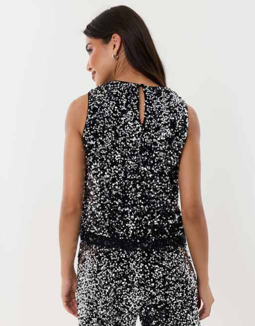 Threadbare Sequin shell top with lace trim in charcoal grey, 2 of 5