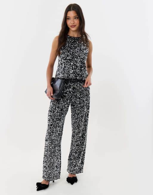 Threadbare Sequin shell top with lace trim in charcoal grey, 4 of 5