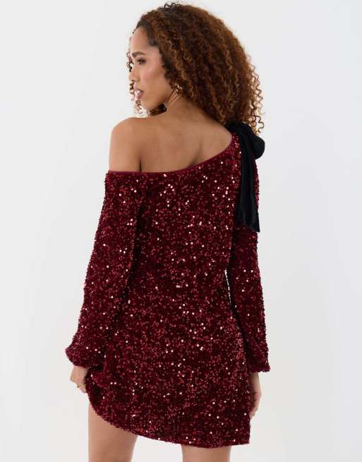 Threadbare Sequin slash neck dress with bow detail in burgundy, 2 of 5