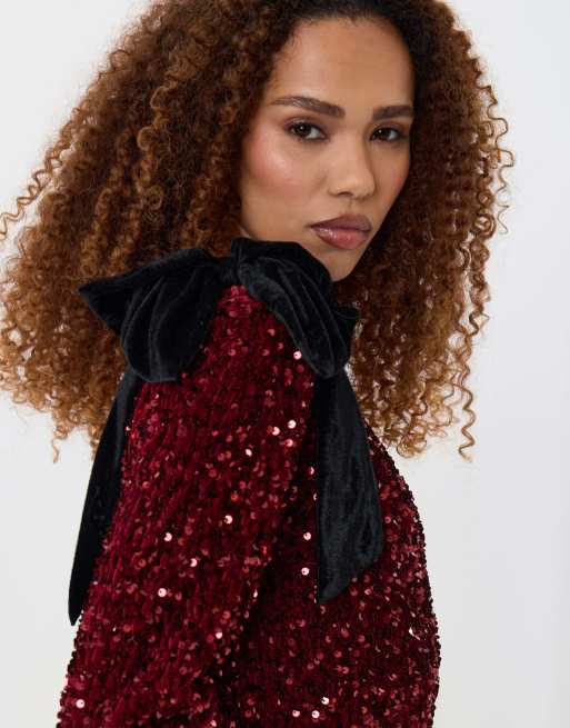 Threadbare Sequin slash neck dress with bow detail in burgundy, 3 of 5