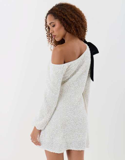 Threadbare Sequin slash neck dress with bow detail in white, 2 of 5