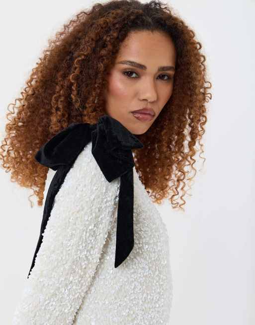 Threadbare Sequin slash neck dress with bow detail in white, 3 of 5