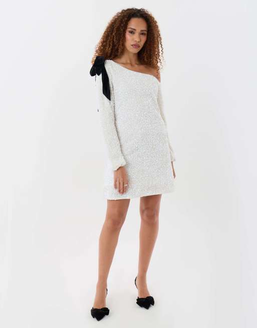 Threadbare Sequin slash neck dress with bow detail in white, 4 of 5