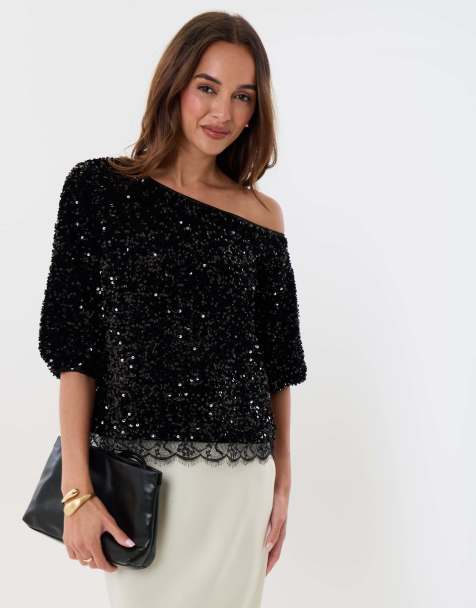 Threadbare Sequin slash neck puff sleeve top in black