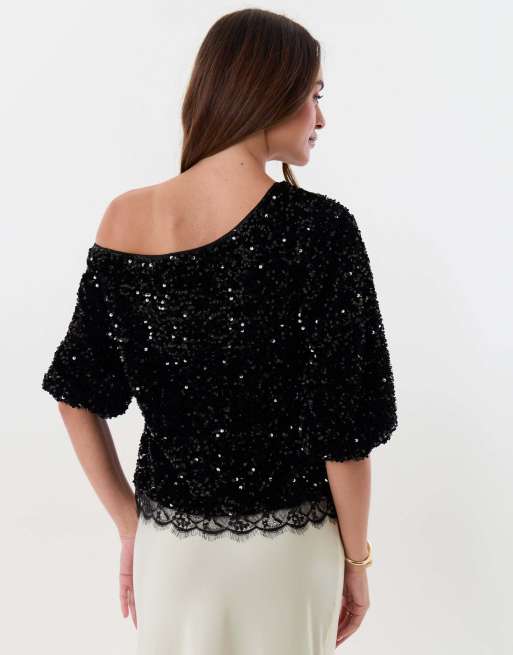 Threadbare Sequin slash neck puff sleeve top in black, 2 of 5