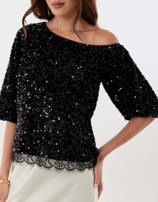 Threadbare Sequin slash neck puff sleeve top in black, 3 of 5
