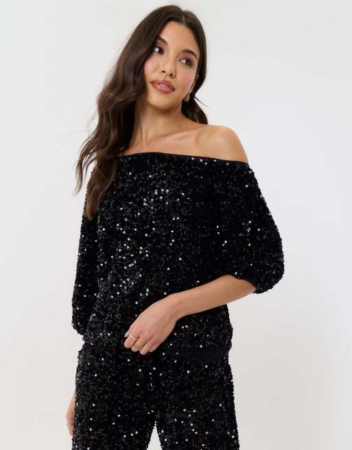 Threadbare Sequin slash neck puff sleeve top in black, 5 of 5