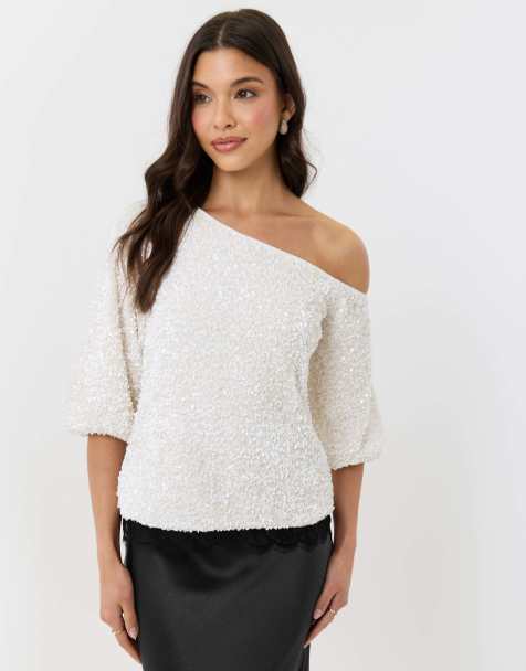 Threadbare Sequin slash neck puff sleeve top in white - view 1