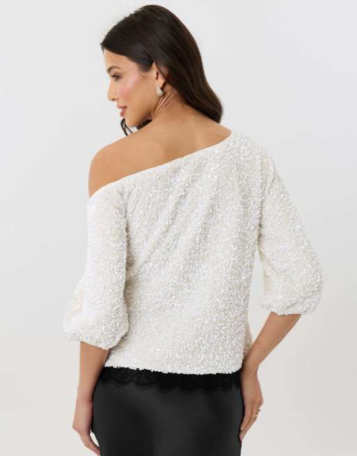 Threadbare Sequin slash neck puff sleeve top in white, 2 of 4
