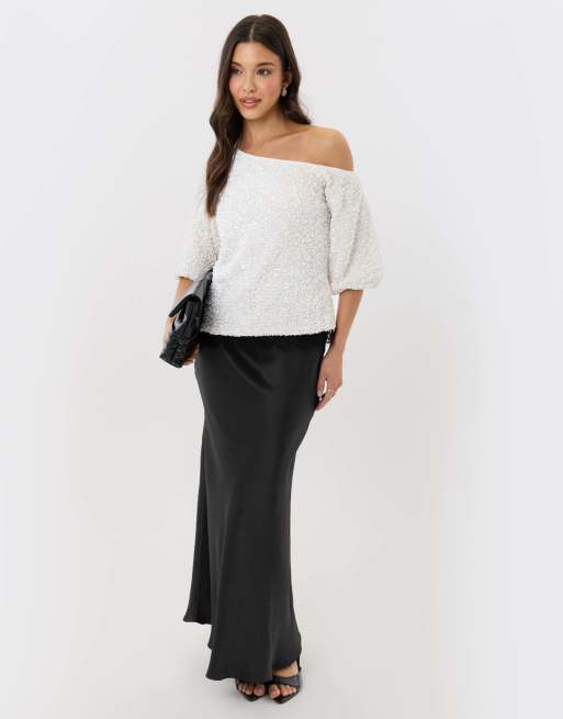 Threadbare Sequin slash neck puff sleeve top in white, 4 of 4