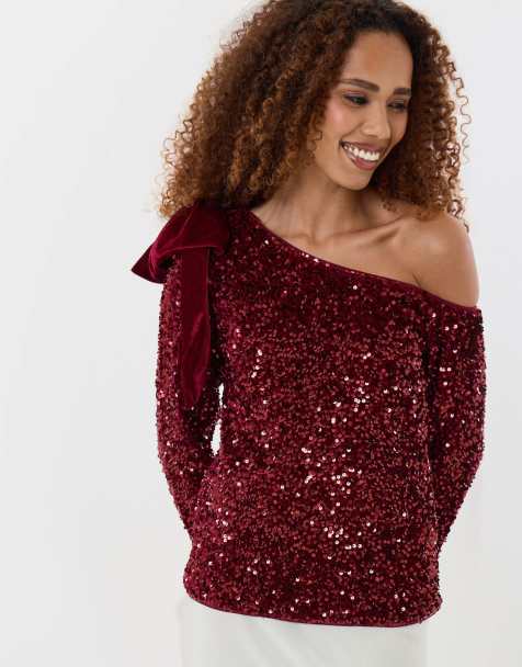 Threadbare Sequin slash neck top with bow detail in burgundy