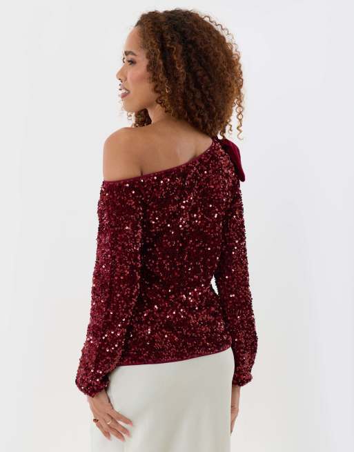 Threadbare Sequin slash neck top with bow detail in burgundy, 2 of 5