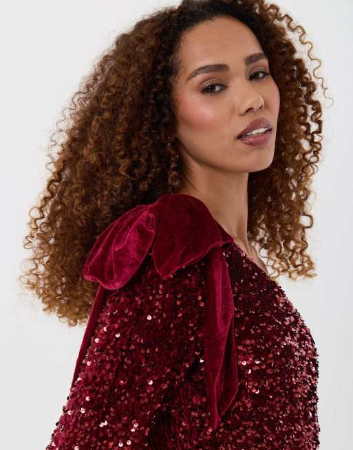 Threadbare Sequin slash neck top with bow detail in burgundy, 3 of 5
