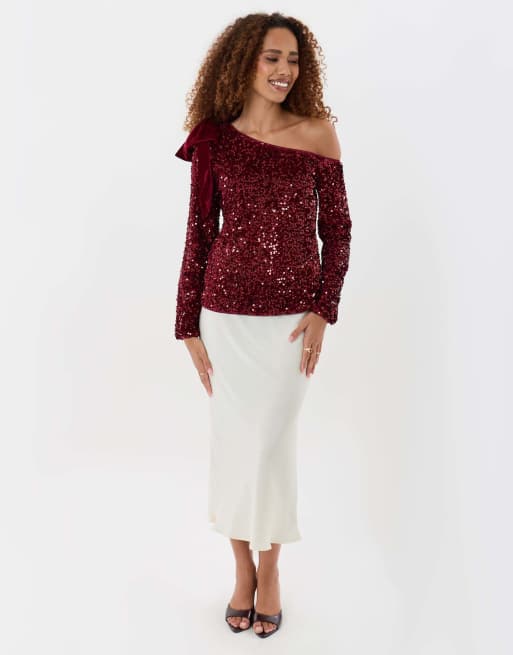 Threadbare Sequin slash neck top with bow detail in burgundy, 4 of 5