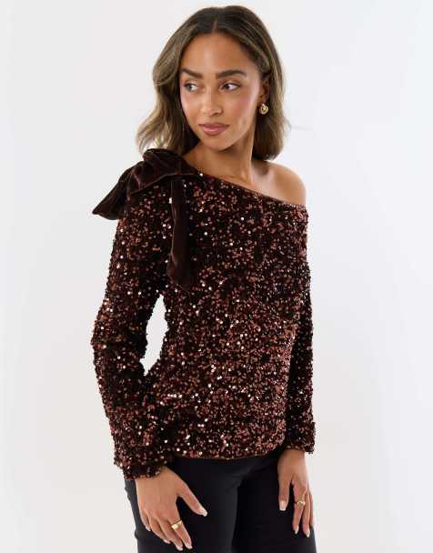Threadbare Sequin slash neck top with bow detail in chocolate brown