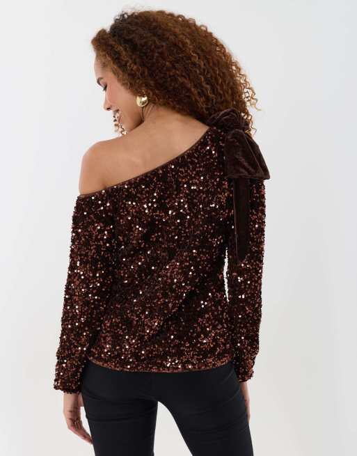 Threadbare Sequin slash neck top with bow detail in chocolate brown, 2 of 5