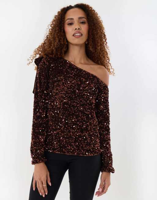Threadbare Sequin slash neck top with bow detail in chocolate brown, 3 of 5
