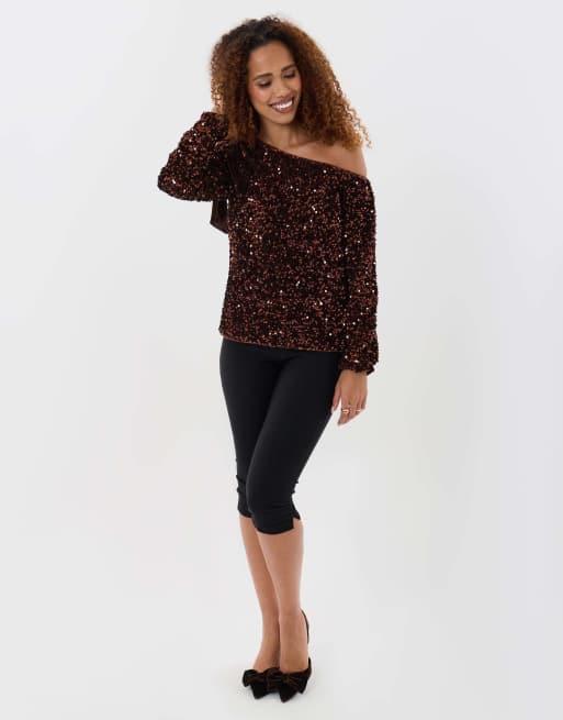Threadbare Sequin slash neck top with bow detail in chocolate brown, 4 of 5