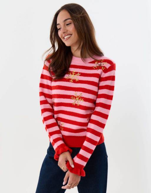 Threadbare Sequin snowflake christmas jumper in pink, 2 of 5