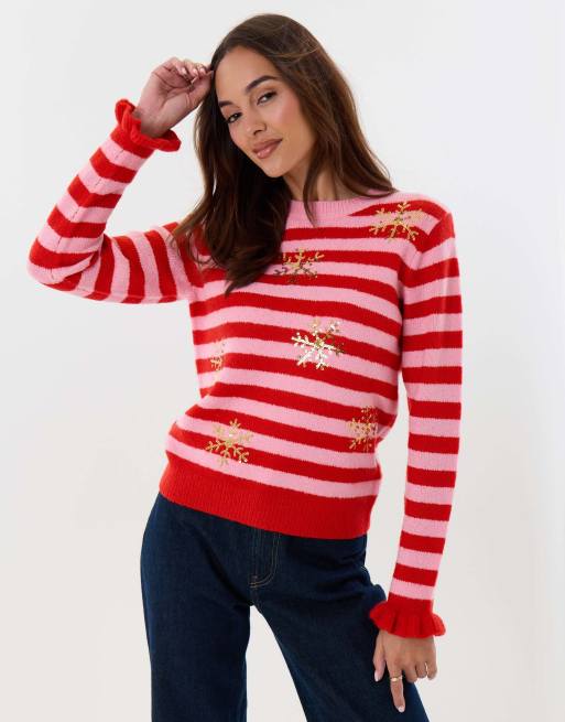 Threadbare Sequin snowflake christmas jumper in pink, 3 of 5